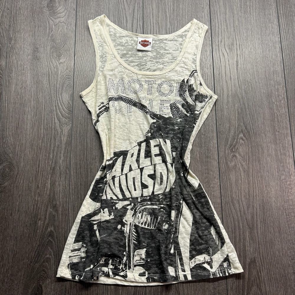 Harley Davidson Naples Florida Burnout Tank Top Y2K Rhinestone Large Cream Black